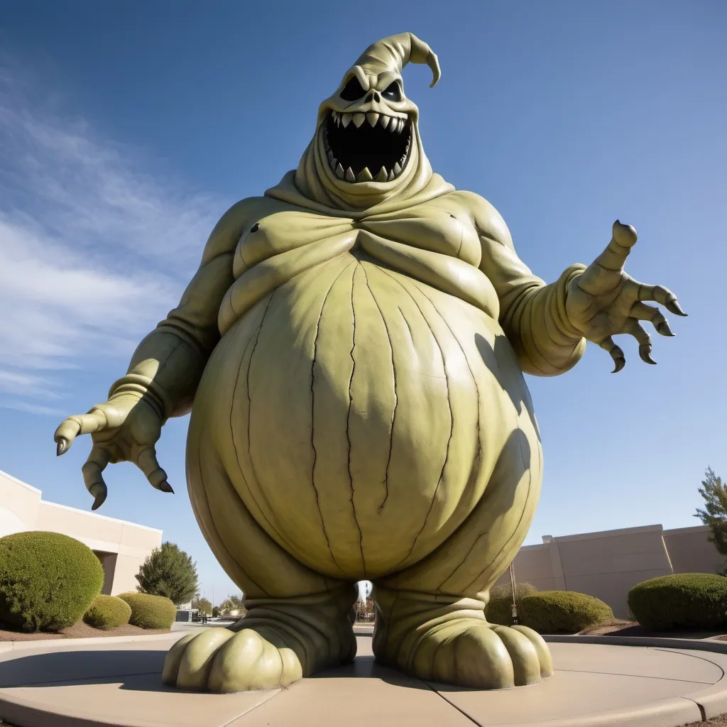 Prompt: giant oogie boogie statue, wide angle view, surreal background, infinity vanishing point