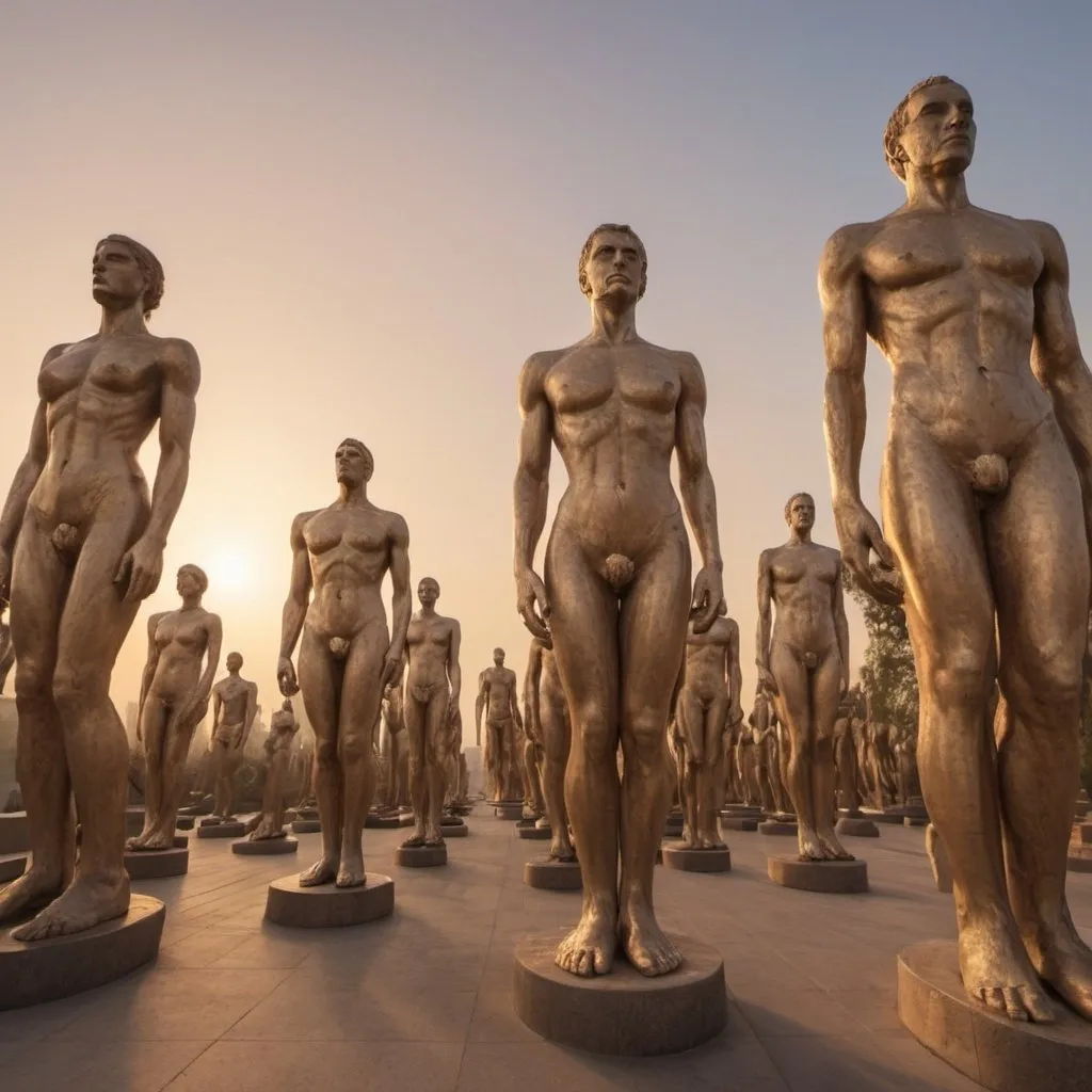 Prompt: Outdoor Endless Giant Statues of Time, outdoor background, golden hour outdoor overhead lighting, extra wide angle view, infinity vanishing point