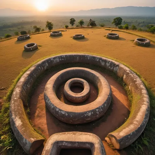Prompt: the Plain of Jars in Laos, overhead golden hour lighting, extra wide angle view, infinity vanishing point