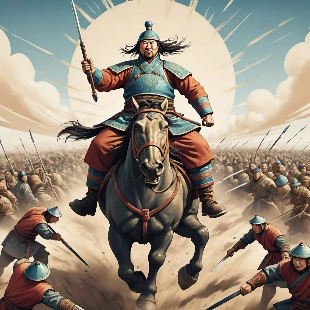 Prompt: Giant Mongol Warrior fighting against tiny western allies, extra wide angle field of view, propaganda poster style art