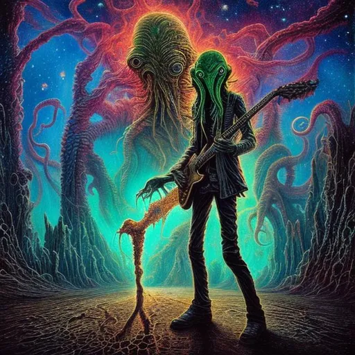 Prompt: anorexic Cthulhu playing guitar on the street corner, infinity vanishing point, Pillars of Creation nebula background