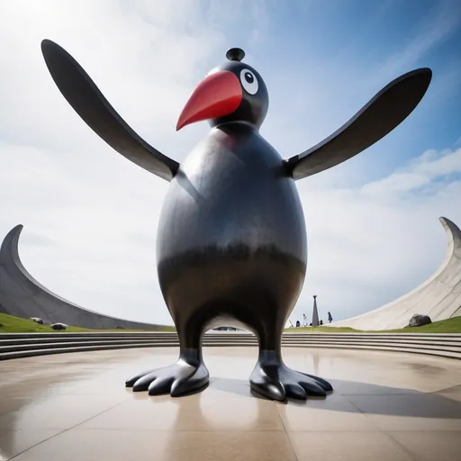 Prompt: giant metal pingu statue, wide angle view, surreal background, infinity vanishing point