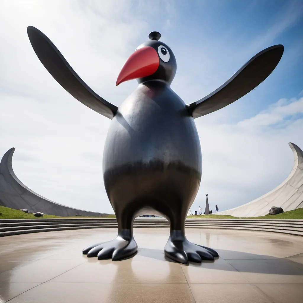 Prompt: giant metal pingu statue, wide angle view, surreal background, infinity vanishing point