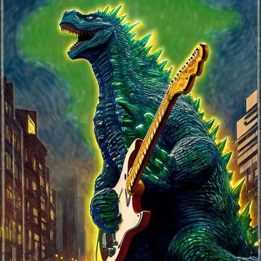 Prompt: ((((godzilla playing guitar) chrome statue inlaid with emeralds) in the style of Edvard Munch) infinity vanishing point) wide perspective view
