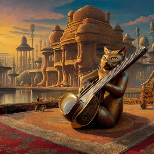 Prompt: panorama widescreen view of a giant bronze cat playing a sitar, infinity vanishing point, in the style of Jacek Yerka