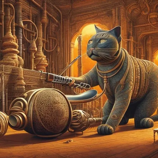 Prompt: panorama widescreen view of a giant bronze cat playing a sitar, infinity vanishing point, in the style of Jacek Yerka