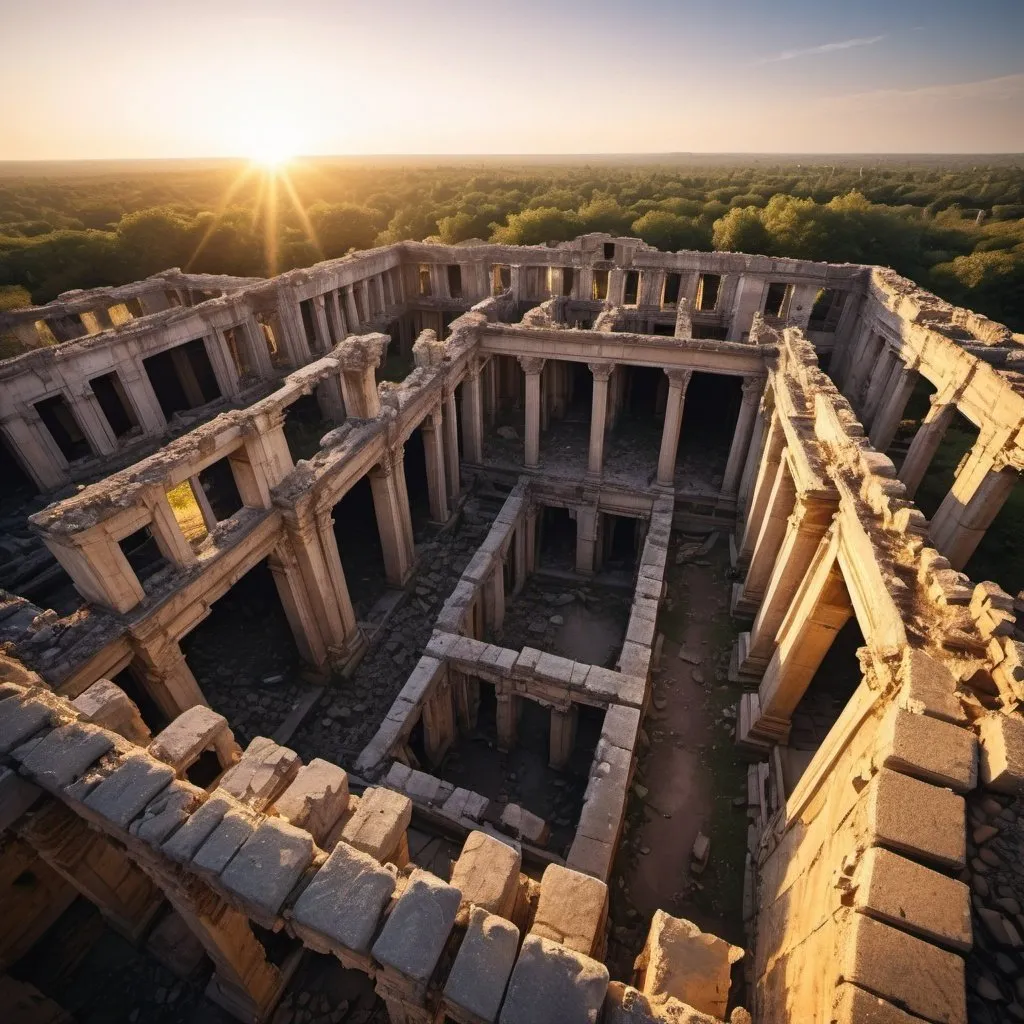 Prompt: strange world of ruins, overhead golden hour lighting, extra wide angle field of view, infinity vanishing point