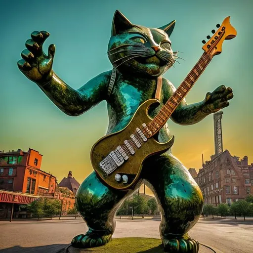 Prompt: giant green bronze metal statue of a giant cat playing guitar, in the style of Jacek Yerka, widescreen view, infinity vanishing point