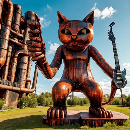 Prompt: giant rust streaked steel statue of a giant cat playing guitar, in the style of Jacek Yerka, widescreen view, infinity vanishing point