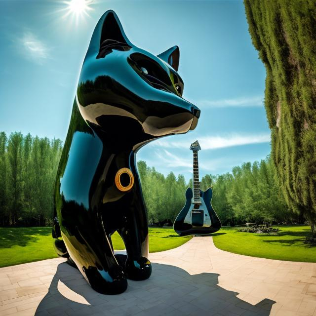 Prompt: ((((giant cat playing guitar) obsidian  statue inlaid with green jade) in the style of Jacek Yerka) wide perspective view) infinity vanishing point