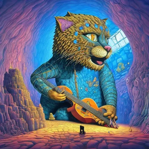 Prompt: giant sapphire crystal statue of a giant cat playing guitar, in the style of Jacek Yerka, widescreen view, infinity vanishing point