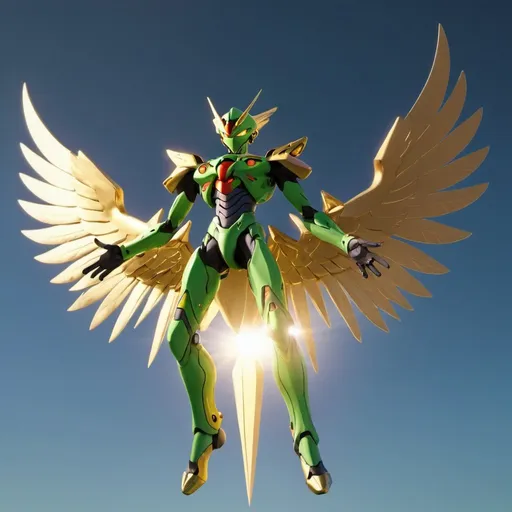 Prompt: Sahaquiel from Neon Genesis Evangelion, with seven green eyes, with gold wings, golden hour overhead lighting, fantasy art, vray, a 3D render