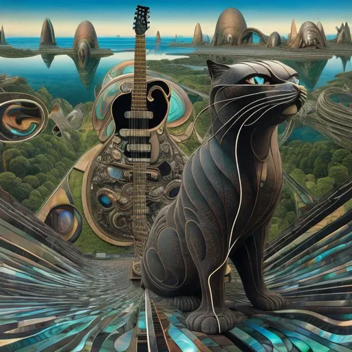 Prompt: ((((giant cat playing guitar) ebony statue inlaid with abalone shell) in the style of Jacek Yerka) wide perspective view) infinity vanishing point