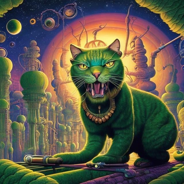 Prompt: panorama widescreen view of a giant emerald cat playing a sitar, infinity vanishing point, in the style of Jacek Yerka
