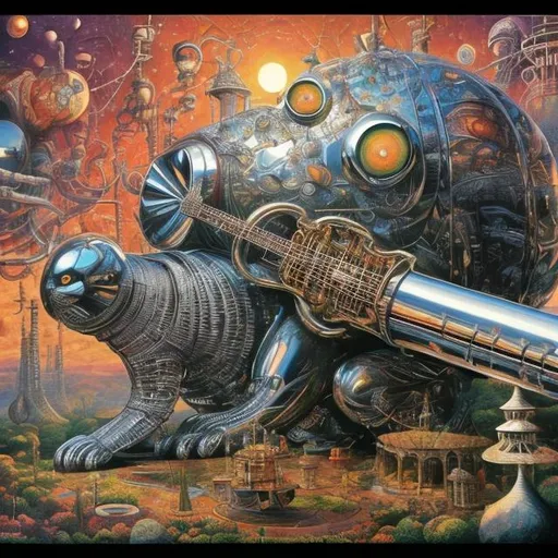 Prompt: giant chrome cat playing a sitar, widescreen view, infinity vanishing point, in the style of Jacek Yerka