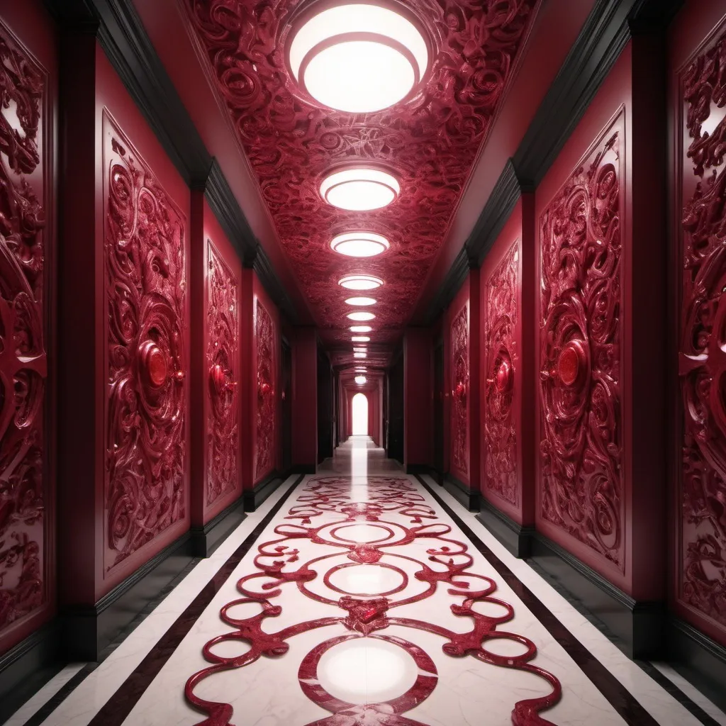 Prompt: surreal AI response, ornately detailed ruby onyx bas relief hallway, overhead lighting shadows, wide angle view, infinity vanishing point