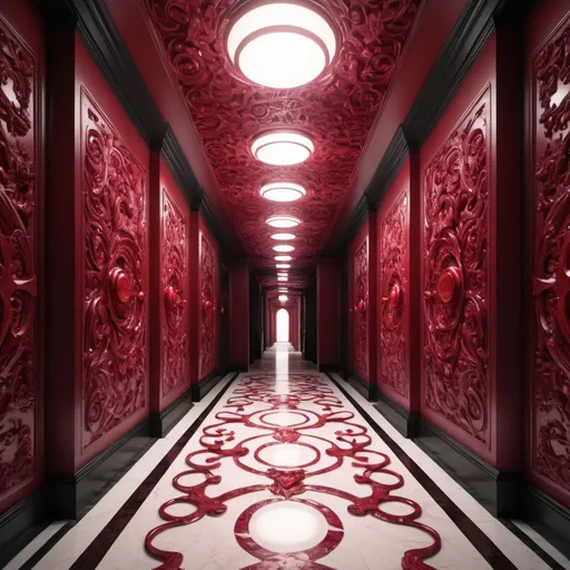 Prompt: surreal AI response, ornately detailed ruby onyx bas relief hallway, overhead lighting shadows, wide angle view, infinity vanishing point