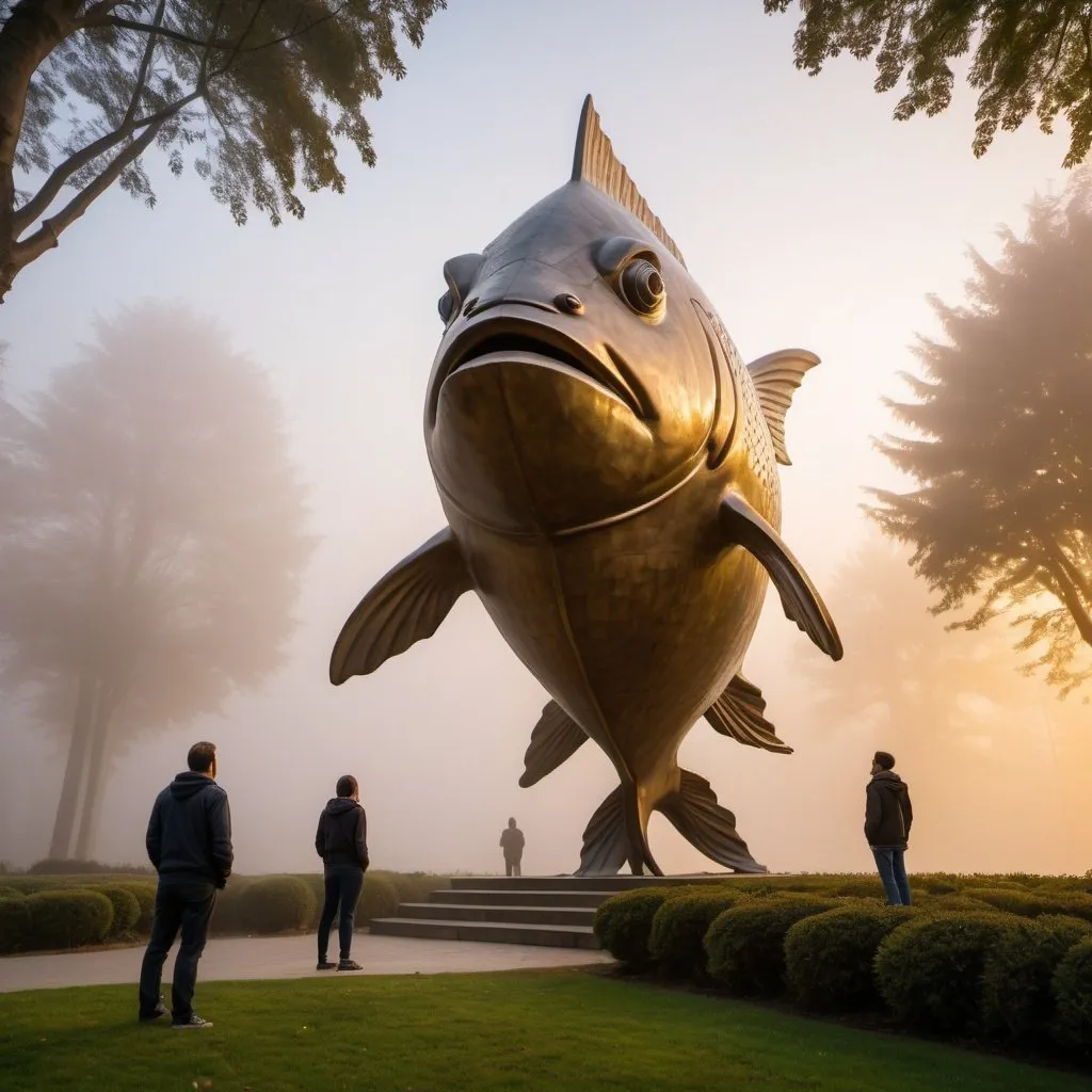 Prompt: guilty giant fish people statue garden, overhead golden hour lighting, foggy wide angle view, infinity vanishing point