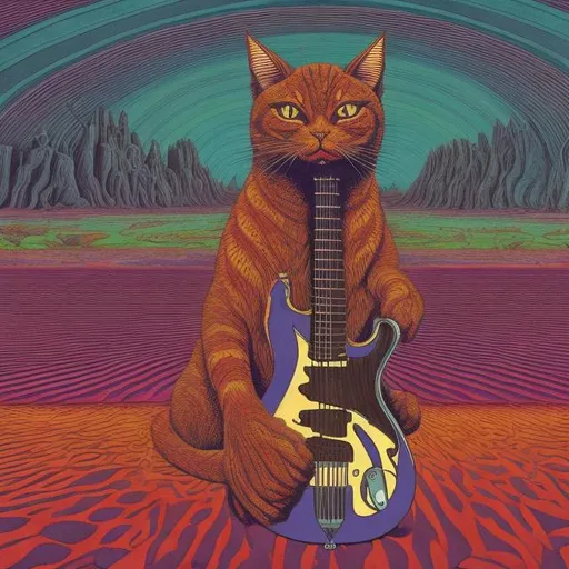 Prompt: panorama wide angle view of a giant cat playing guitar, infinity vanishing point, in the style of ernst fuchs