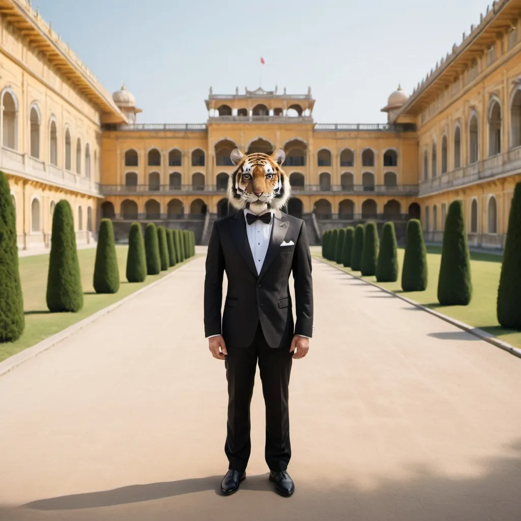 Prompt: tiger in a tuxedo, a palace in the background, wide perspective, infinity vanishing point