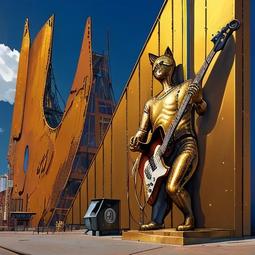 Prompt: giant rust streaked gold metal statue of a giant cat playing guitar, in the style of Jacek Yerka, widescreen view, infinity vanishing point