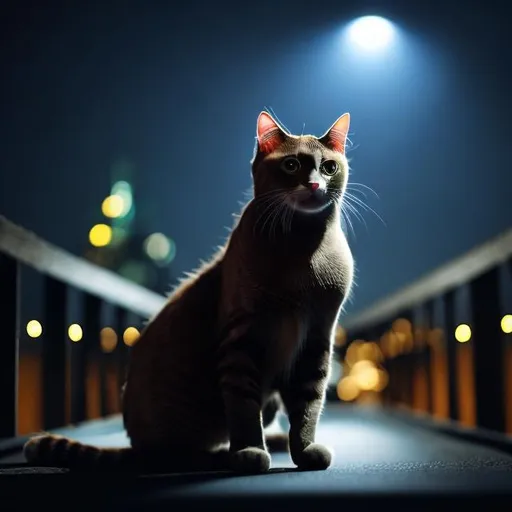 Prompt: cat dressed as a secret agent, on a dark bridge, overhead lighting, wide view