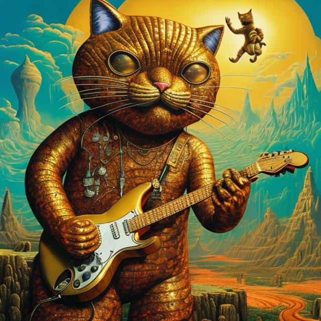 Prompt: giant gold cat playing a guitar, widescreen view, infinity vanishing point, in the style of Jacek Yerka