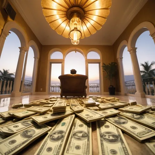 Prompt: stolen money, exotic mansion background, overhead golden lighting, wide angle view, infinity vanishing point