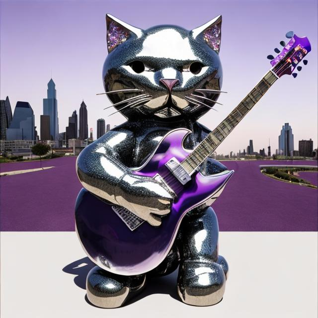 Prompt: ((((giant cat playing guitar) diamond statue inlaid with purple chrome) in the style of Ron English) wide perspective view) infinity vanishing point