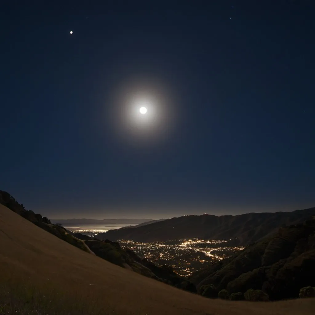 Prompt: Moon over Marin, overhead lighting, extra wide angle view, infinity vanishing point