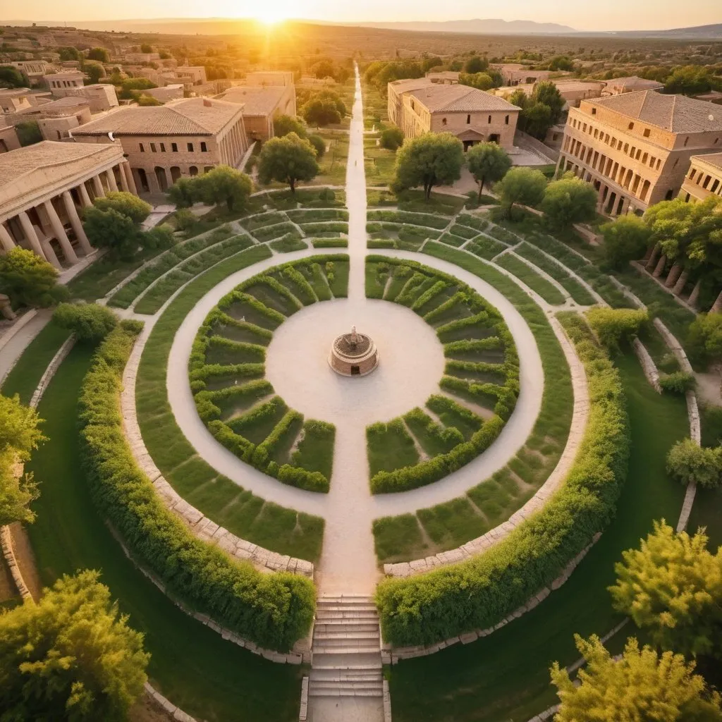 Prompt: ancient city of Troy and lush gardens, overhead golden hour lighting, extra wide angle field of view, infinity vanishing point