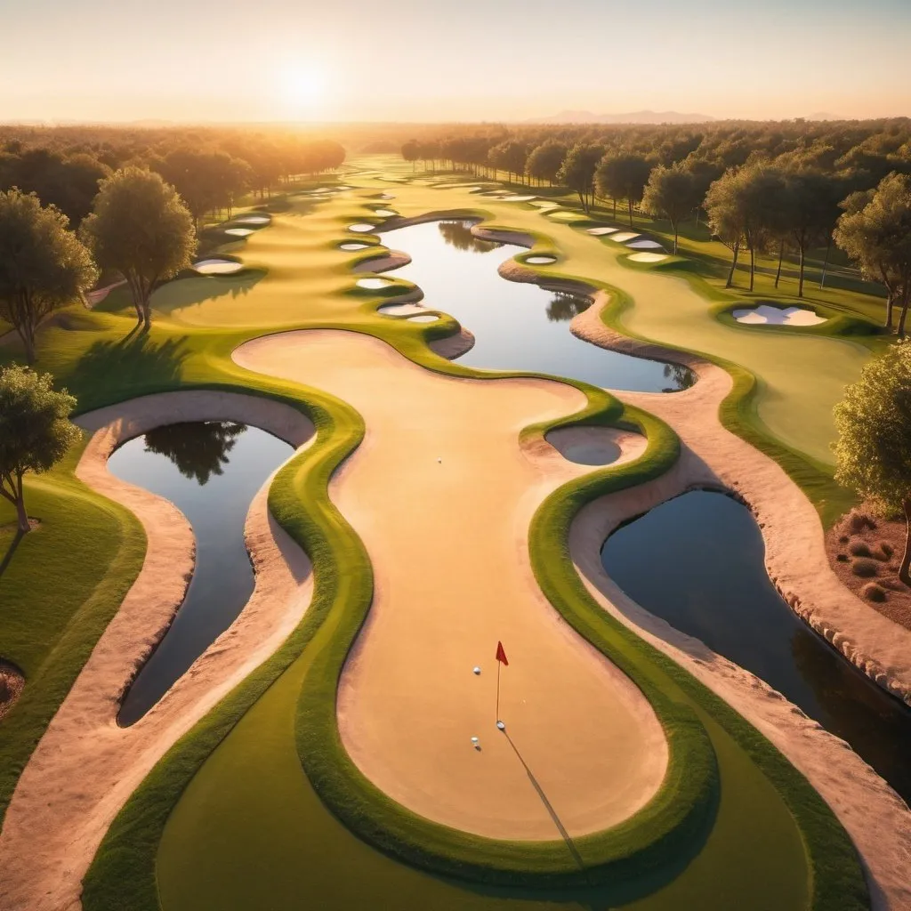 Prompt: Giant Endless Fantasy golf course, outdoor background, golden hour outdoor overhead lighting, extra wide angle view, infinity vanishing point