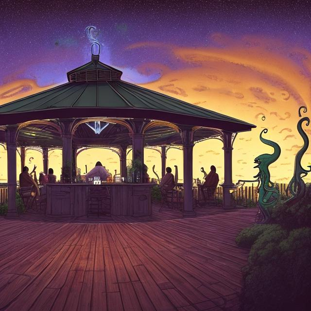 Prompt: wide view, jesus band playing guitars at a patio gazebo barbeque grill, infinity vanishing point, Cthulhu nebula background