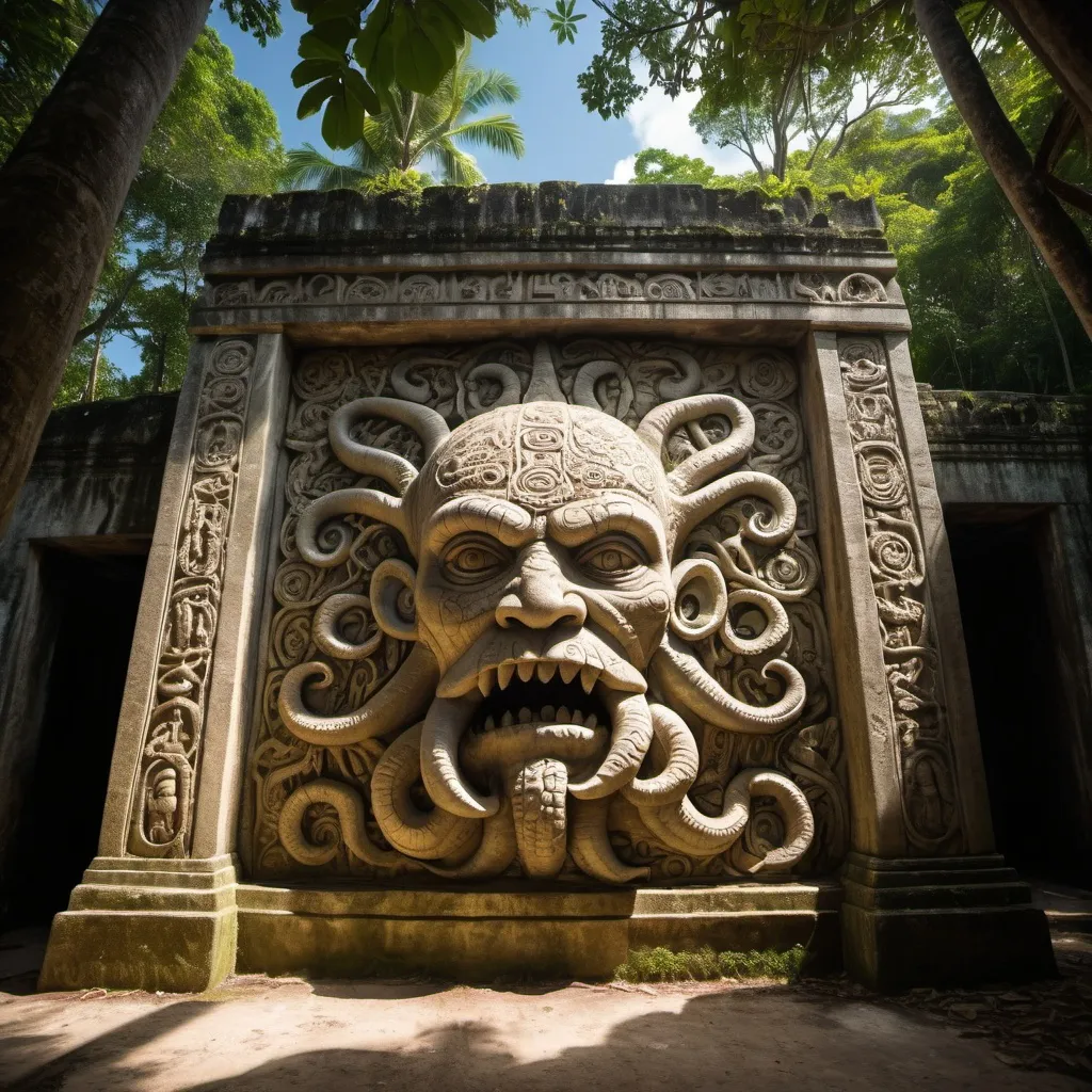 Prompt: in the Belize jungle, a giant ancient intricately detailed bas relief covered outer wall of the temple of cthulhu, overhead lighting shadows, wide angle view, offset infinity vanishing point