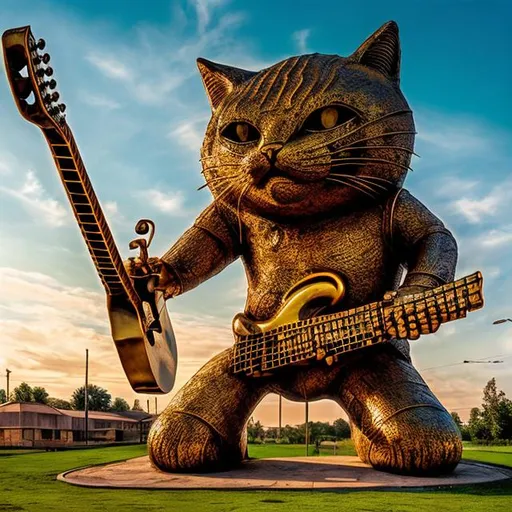 Prompt: giant rusty brass metal statue of a giant cat playing guitar, in the style of Jacek Yerka, widescreen view, infinity vanishing point
