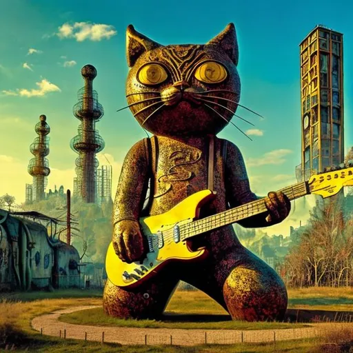 Prompt: giant rusty yellow metal statue of a giant cat playing guitar, in the style of Jacek Yerka, widescreen view, infinity vanishing point