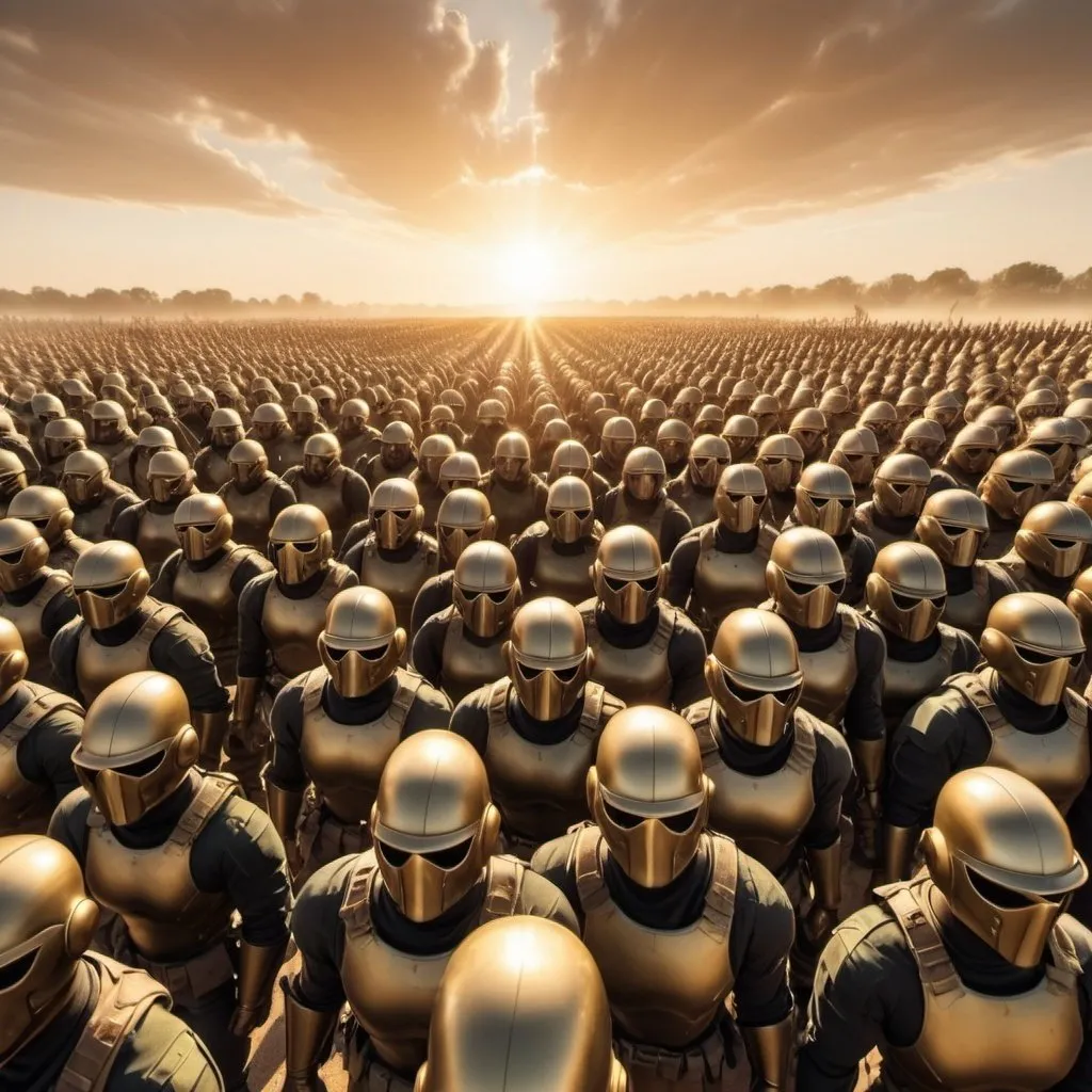 Prompt: Lawful Good army fighting the enemy Chaotic Evil army, overhead golden hour lighting, extra wide angle field of view, infinity vanishing point