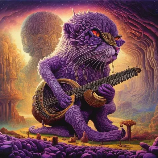 Prompt: giant amethyst cat playing a sitar, widescreen view, infinity vanishing point, in the style of Jacek Yerka