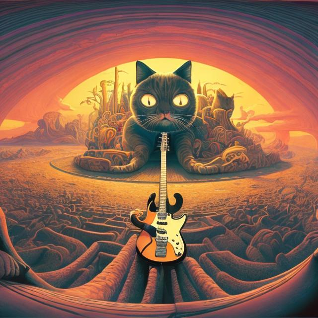 Prompt: panorama wide angle view of a giant cat playing guitar, infinity vanishing point, in the style of Jacek Yerka