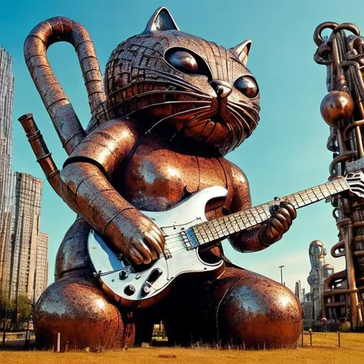 Prompt: giant rusty chrome metal statue of a giant cat playing guitar, in the style of Jacek Yerka, widescreen view, infinity vanishing point