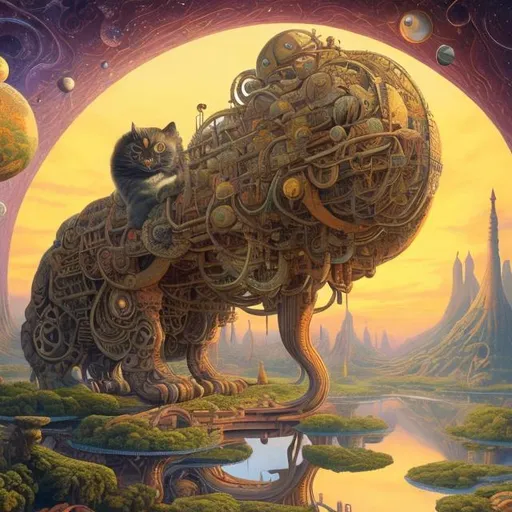 Prompt: panorama widescreen view of a giant cat playing a sitar, infinity vanishing point, in the style of Jacek Yerka