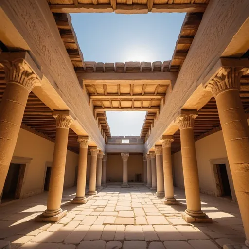 Prompt: Palace of Minos, overhead golden hour lighting, extra wide angle field of view, infinity vanishing point