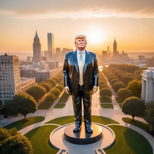 Prompt: giant strange Donald Trump statue, elegant lush city background, overhead golden hour lighting, extra wide angle field of view, infinity vanishing point