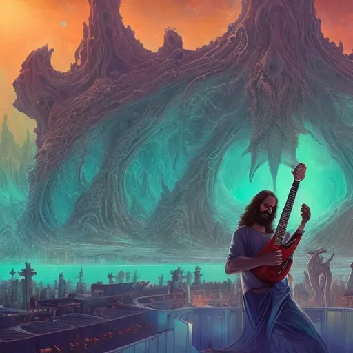Prompt: wide view of jesus playing guitar and the twelve apostles playing guitars, at an exotic rooftop infinity pool, infinity vanishing point, cthulhu nebula background