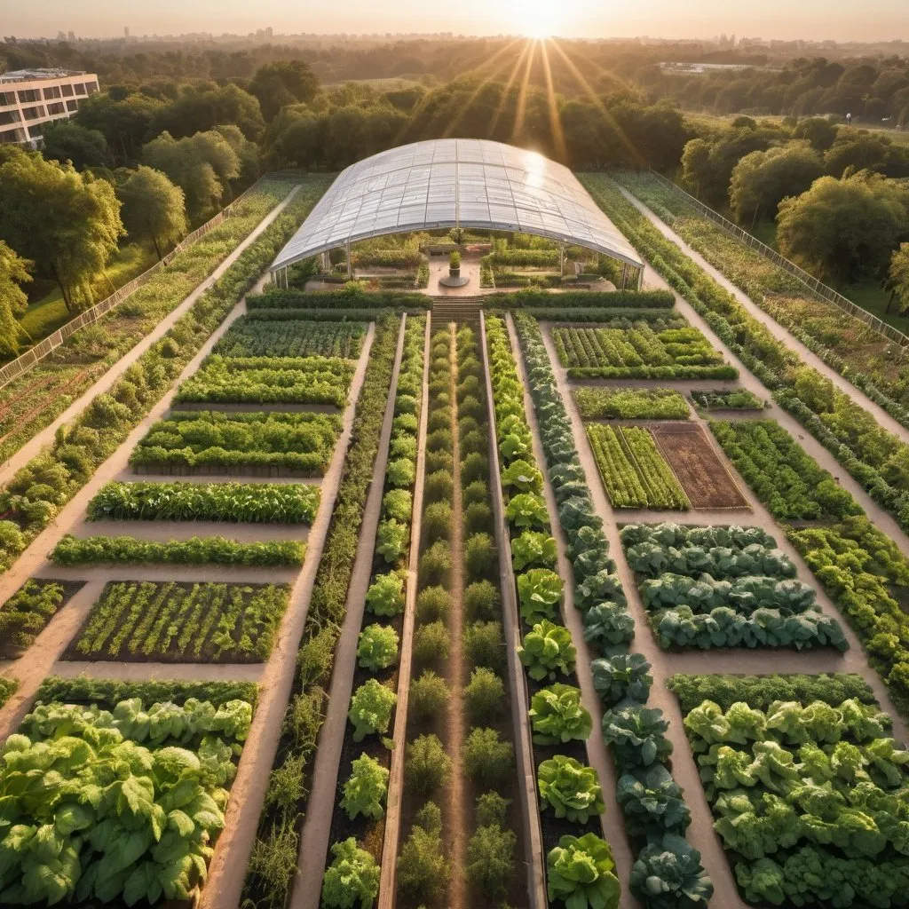 Prompt: megastructure surrounded by lush vegetable gardens, overhead golden hour lighting, extra wide angle field of view, infinity vanishing point