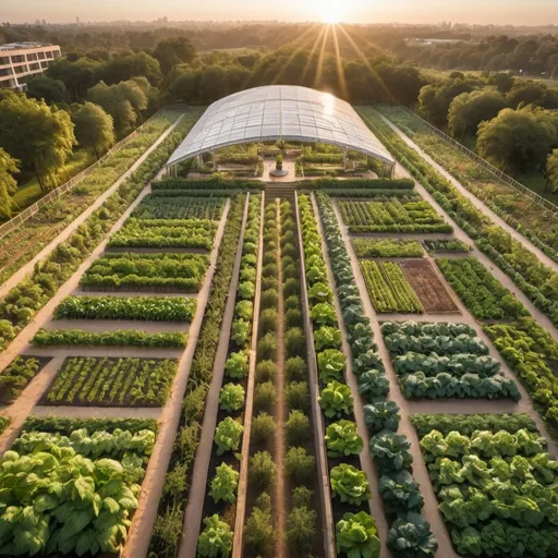 Prompt: megastructure surrounded by lush vegetable gardens, overhead golden hour lighting, extra wide angle field of view, infinity vanishing point