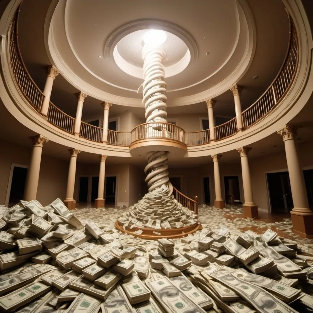 Prompt: giant tornado mansion of money, overhead golden lighting, wide angle view, infinity vanishing point