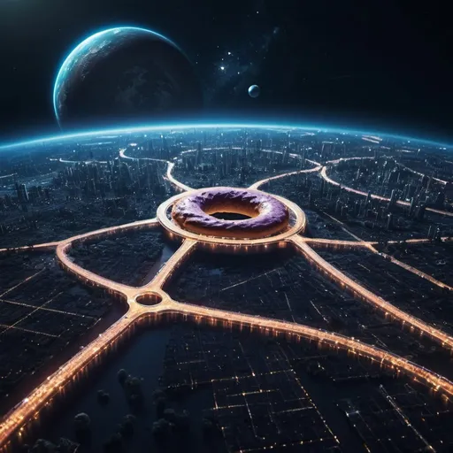 Prompt: view from orbit of a superhighway network around a donut shaped planet at night