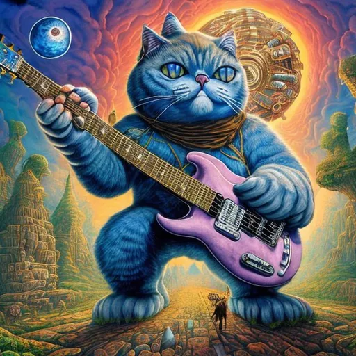 Prompt: giant sapphire metal cat playing a guitar, widescreen view, infinity vanishing point, in the style of Jacek Yerka