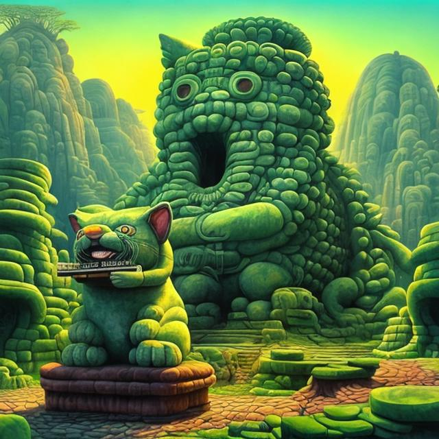 Prompt: giant jade statue of a giant cat playing guitar, in the style of Jacek Yerka, widescreen view, infinity vanishing point